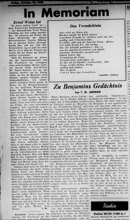 Peter Engel <br />Seite an Seite mit Walter Benjamin – Nachruf auf Ernst Weiß im New Yorker „Aufbau“ 